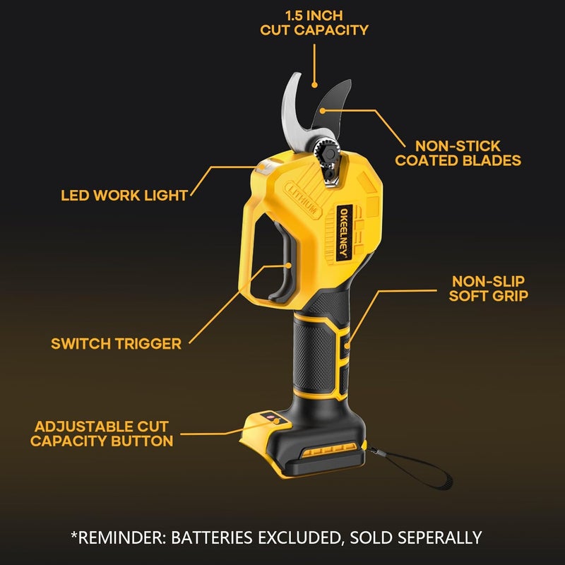 Okeelney مقص تقليم كهربائي لبطارية DeWalt 20V Max، قاطع فروع لاسلكي بدون فرشاة بسعة قطع 1.5 بوصة لتقليم الأشجار، والشجيرات، والبستنة - ضمان لمدة سنة واحدة - Image 3